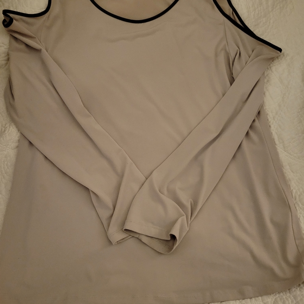 Calvin Klein taupr blouse faux leather cold shoulder  trim